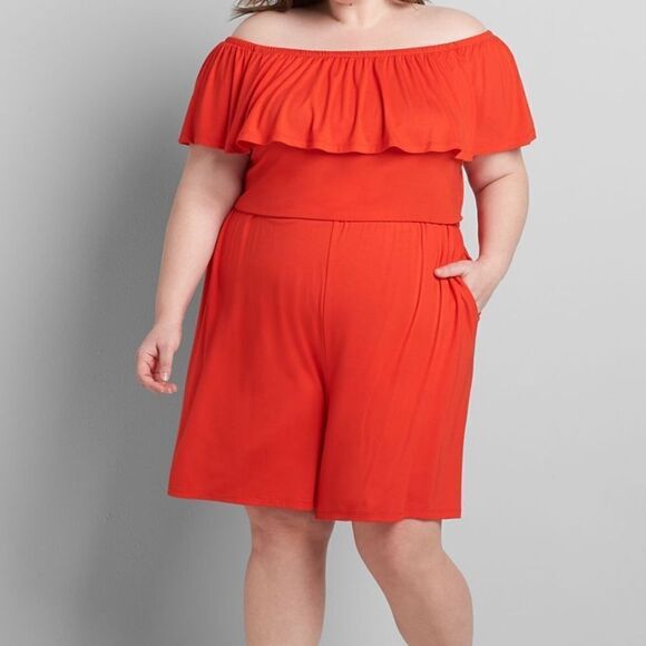 Lane Bryant Women’s Off-the-Shoulder Romper Plus Size 26/28 in Flame Scarlet - Picture 2 of 8